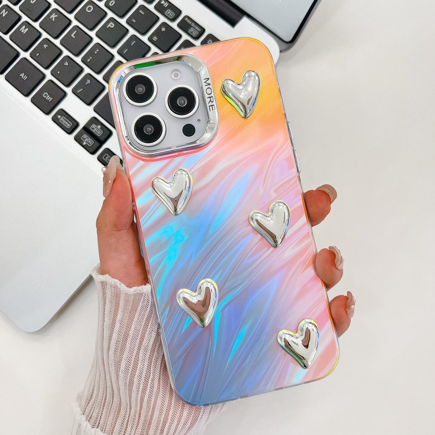 For iPhone 16ProMax 16 15 14 13 Phone Case, Electroplating Laser Love Heart Pattern Acrylic Slim, Camera Protection Non-Yellowing Hard Cover