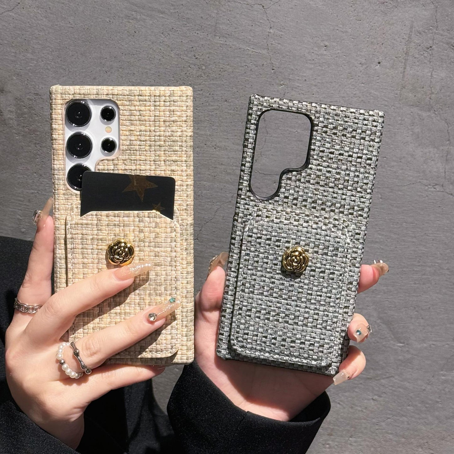For Samsung S25Ultra S24 S23 S22 Case, Simple Slim Woven Pattern Fabrics Wallet Shockproof Card Slot Hard Full Cover