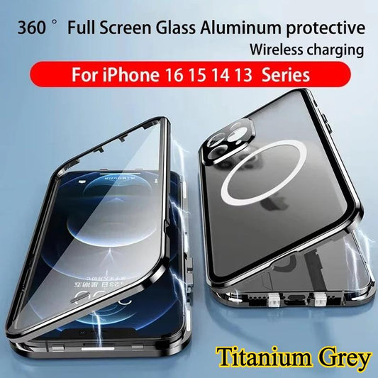 Double Sided HD Glass Matte Back Cover Aluminium Alloy For Magsafe Full Cover 360 Magnetic Ring High Definition Metal Case For iPhone 16ProMax 16 15 14 13 12 Pro Max Glass Full Cover