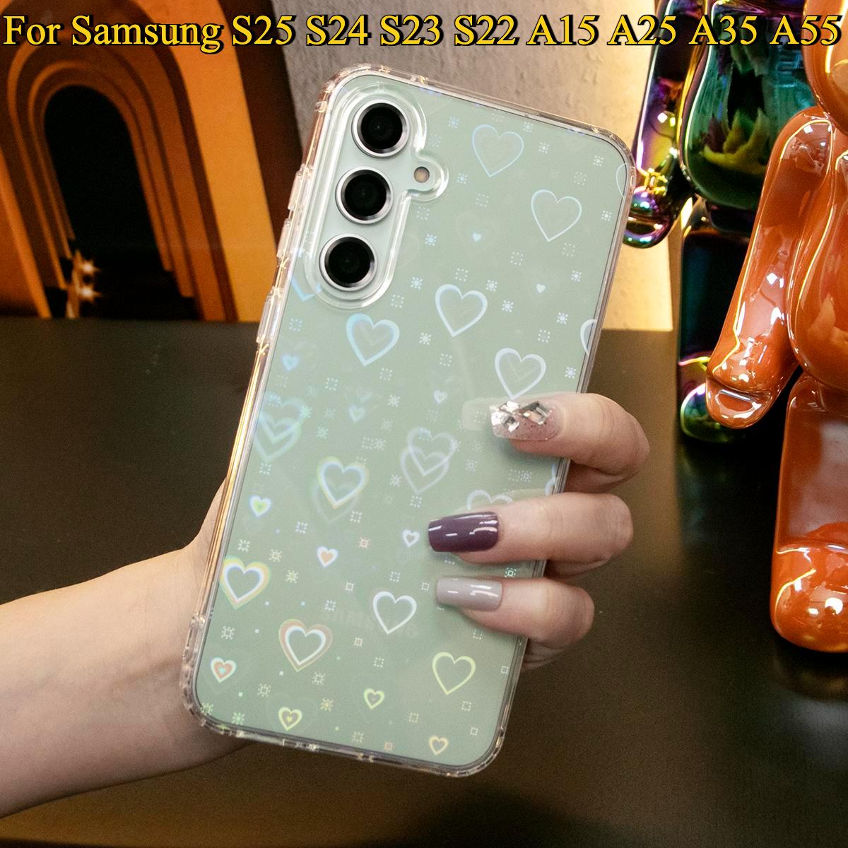 For Samsung S25Ultra S25 S24FE S24Ultra S23 S22 A55 A35 A25 A15 Plus Ultra Phone Case, Clear Laser Love Heart, Glitter Shockproof Hard Full Cover