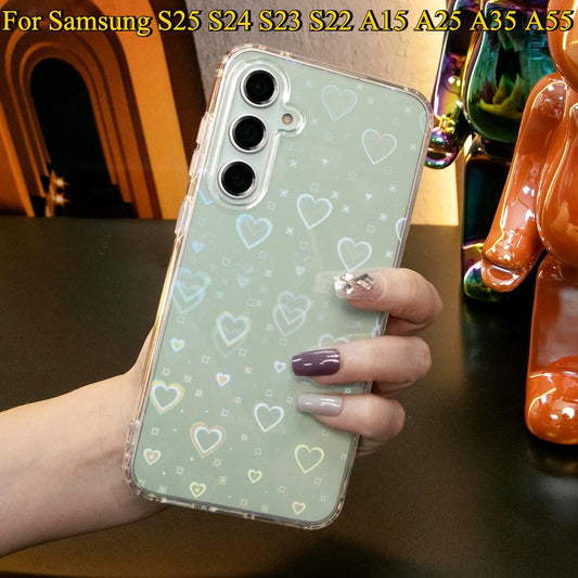 For Samsung S25Ultra S25 S24FE S24Ultra S23 S22 A55 A35 A25 A15 Plus Ultra Phone Case, Clear Laser Love Heart, Glitter Shockproof Hard Full Cover