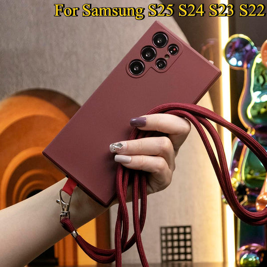 Silicone Matte Phone Case With Woven Lanyard For Samsung S25 S24 S23 S22 Camera Protect Soft Cover