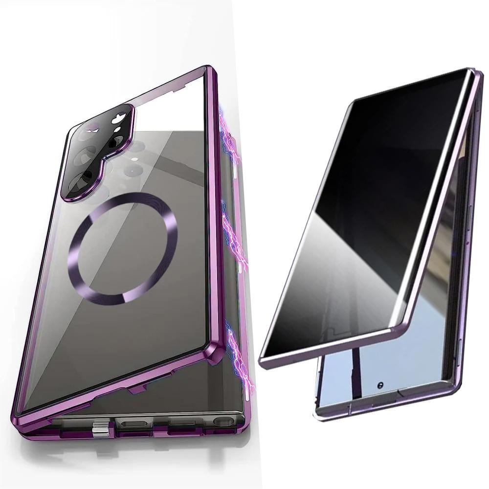 Privacy Tempered Glass Front Acrylic Magnetic Ring Black Cover Double Sided Magnetic Phone Case for Samsung S25Ultra S25 S24 S23 S22 S21 Metal Frame Anti-peep Full Case with Len Protection