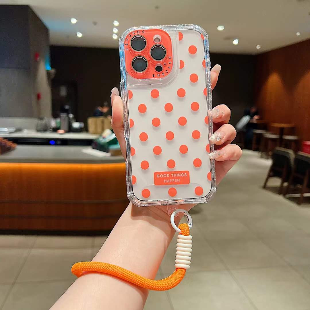 For iPhone 16ProMax 16 15 14 13 Phone Case With Short Wristband, Colorful 3 in 1 Transparent Luxury Wave Point Acrylic Anti Fall, With Camera Protector Shockproof Clear Hard Full Cover
