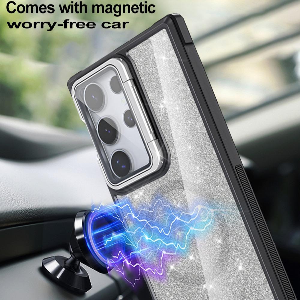 For Samsung S25Ultra S25 S24 S23 S21FE S20FE Strong Magnetic Phone Case, Glass Camera Kickstand Protection, Glitter Clear Acrylic Four Corner Shockproof Bumper Hand Feel Hard Full Cover
