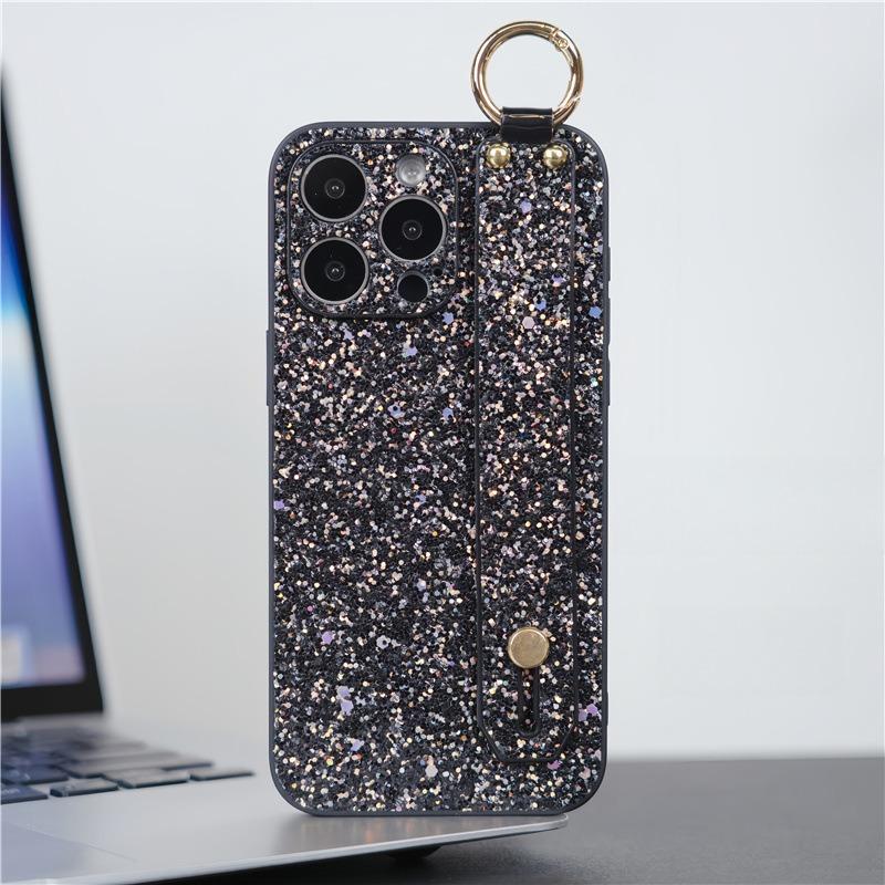 For iPhone 16ProMax 16 15 14 13 12 11 Case With Wristband, Luxury Glitter Durable Faux Leather Kickstand Shockproof Phone Case