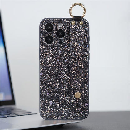 For iPhone 16ProMax 16 15 14 13 12 11 Case With Wristband, Luxury Glitter Durable Faux Leather Kickstand Shockproof Phone Case