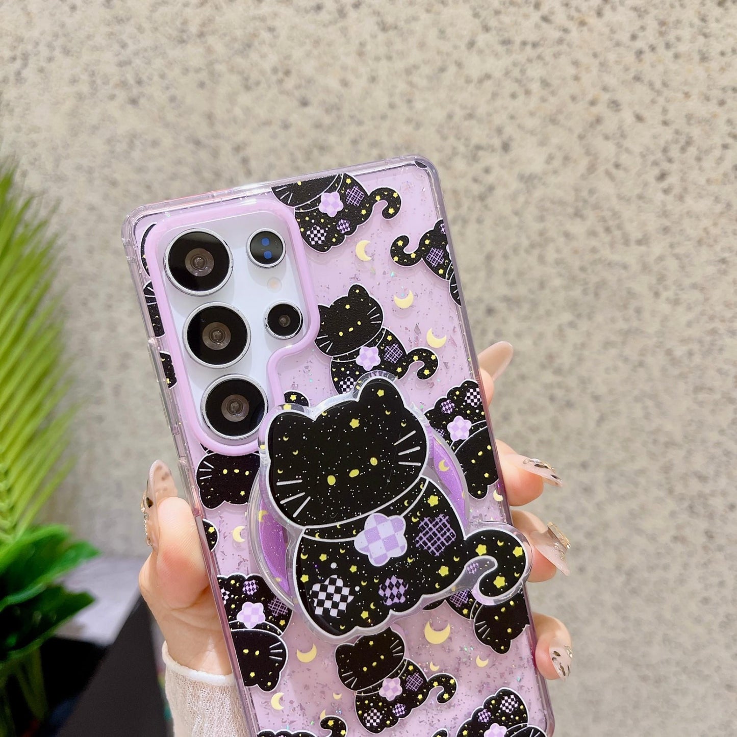 Cute Cartoon Moon Cat Magnetic Phone Case for Samsung S25 S24 S23 Ultra FE Plus Glitter Back Cover for Women Girls with Magnetic Stand