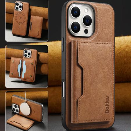 For iPhone 16ProMax 16 15 14 13 12 Leather Phone Case with Strong Magnetic Double Folding Wallet, Anti-Fall Card Bag Kickstand for Magsafe Shockproof Business Hard Full Cover