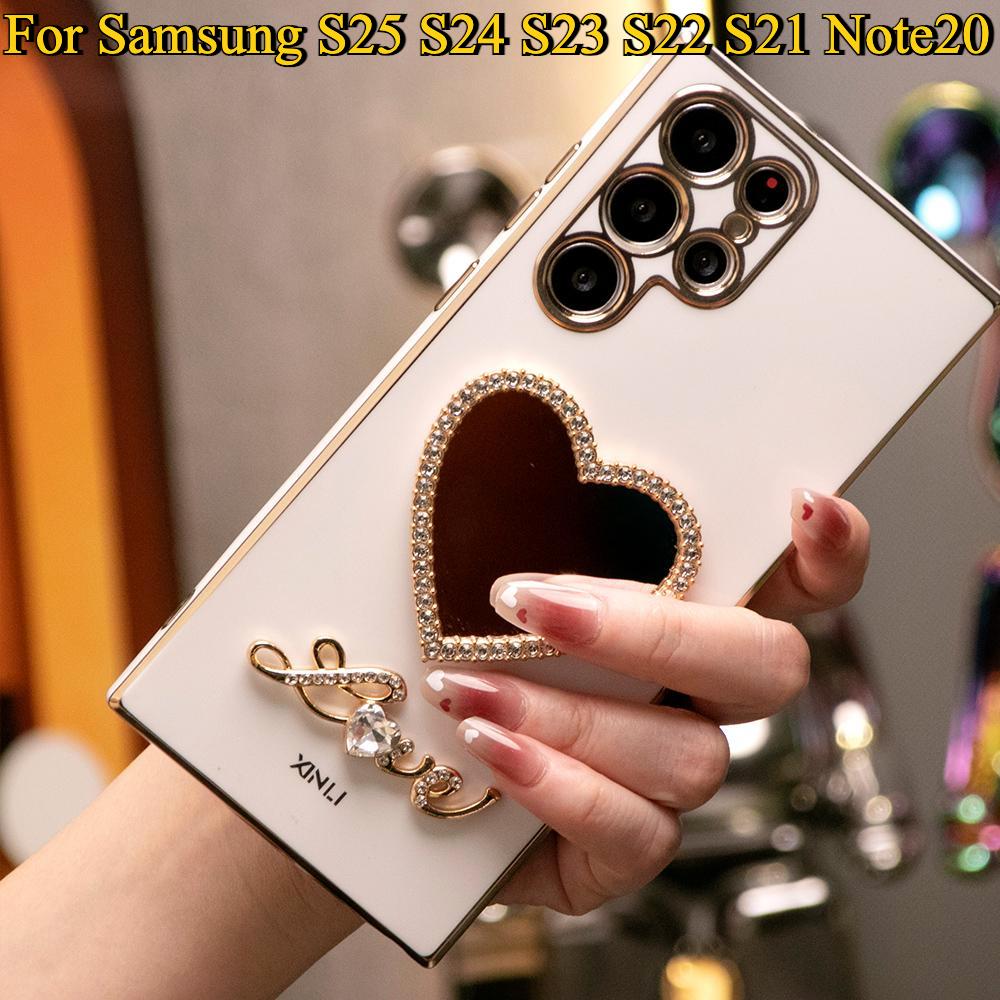 Love Heart Mirror Plating Phone Case For Samsung S25 S24 S23 S22 S21 Note20