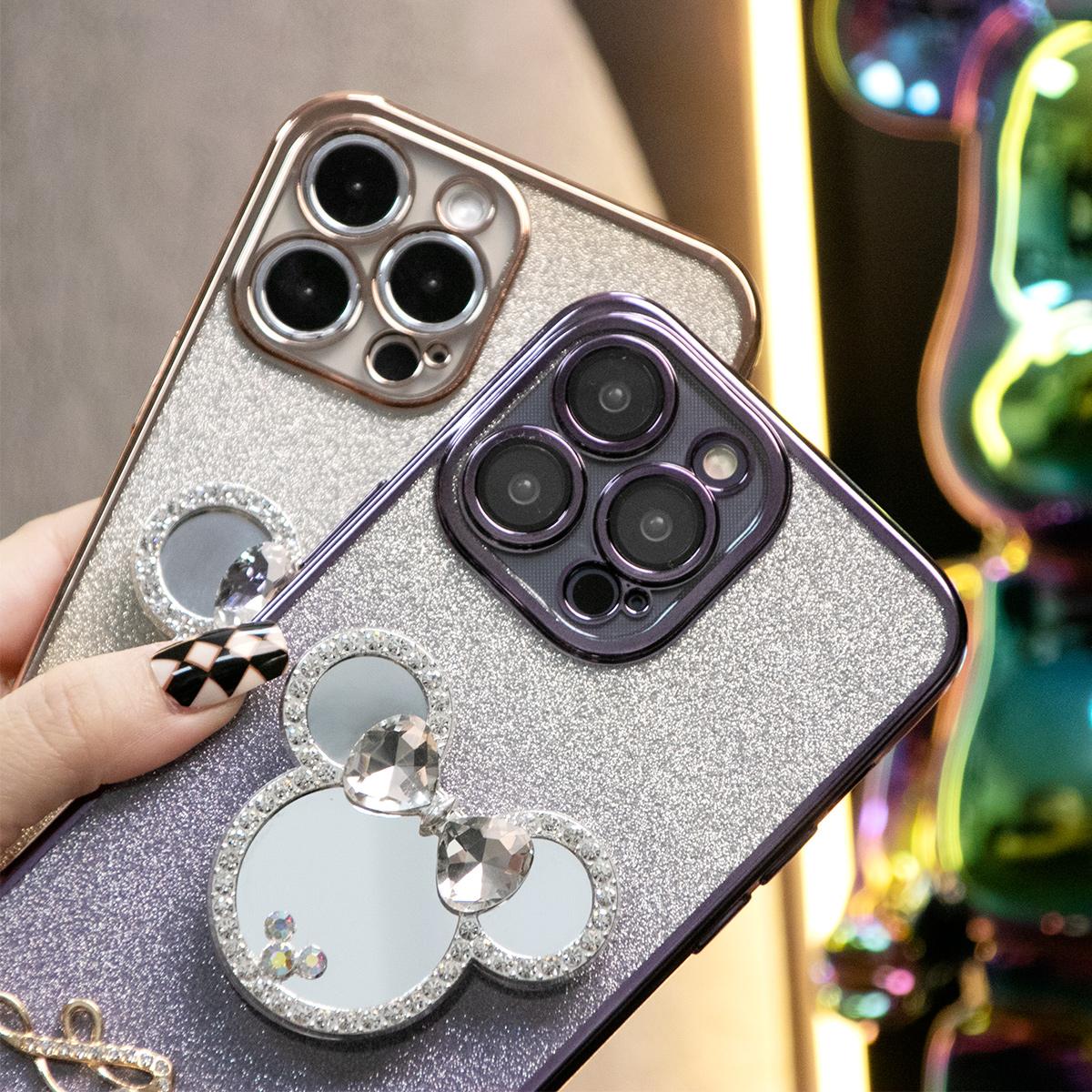 Glitter Transparent Gradient Mouse Head Mirror Kickstand Plating Phone Case For iPhone 16 15 14 13 12 Pro Max Clear Soft TPU Back Cover
