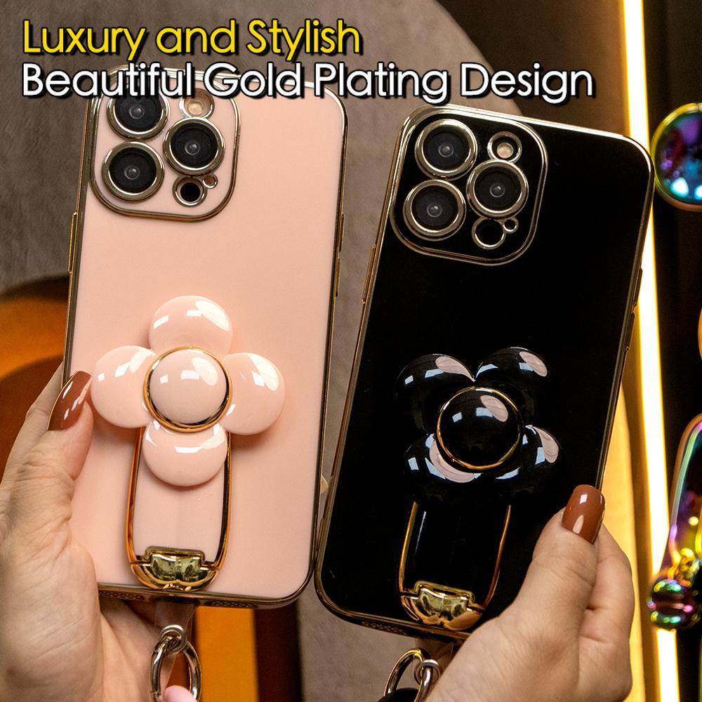 For iPhone 16 15 14 13 12 Pro Max Phone Case, Windmill Kickstand with Bracelet, Plating Electroplate Luxury Elegant Case Camera Protector Pop Stand Shockproof Soft Cover