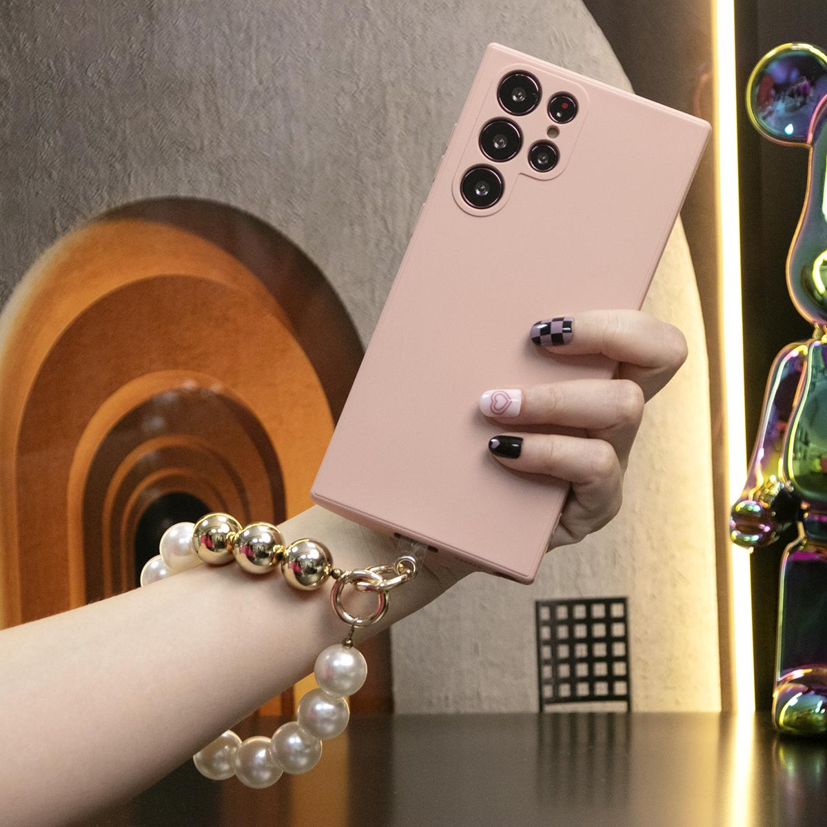 Liquid Silicone Matte Shockproof Phone Case with Pearl Metal Lanyard For Samsung S25 S24 S23 S22 S21 Note20 Camera Protect Soft Cover